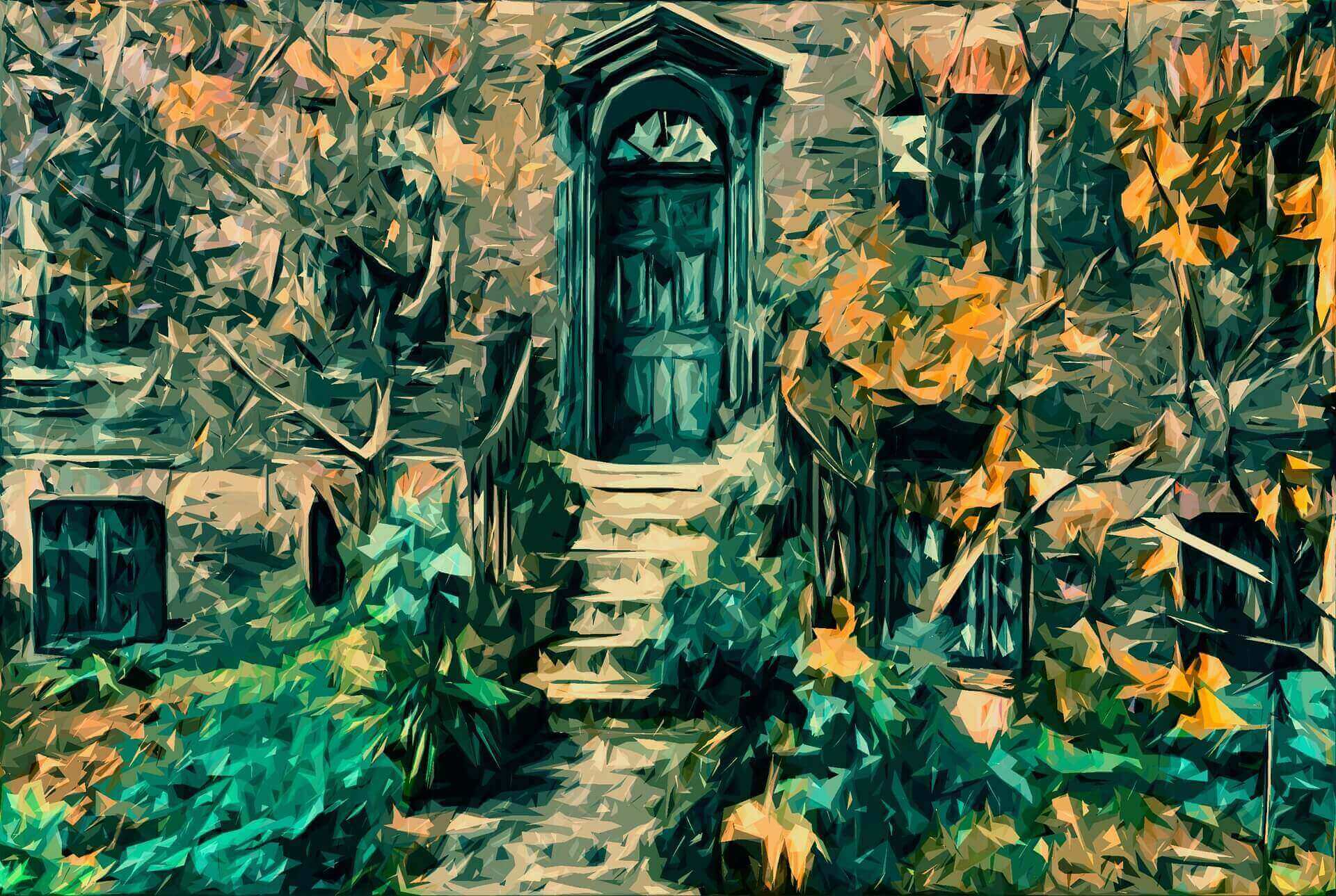 Картина на къща и есеннни листа