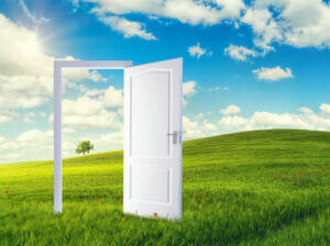 Зелена трева отворена бяла врата